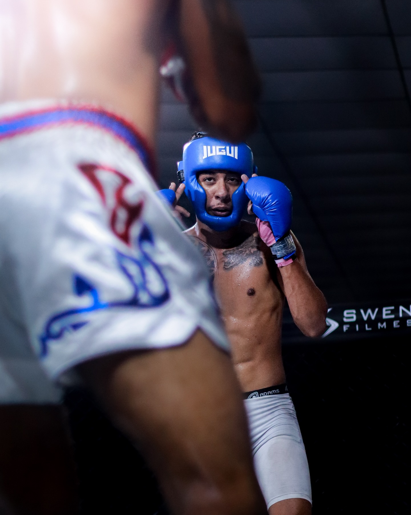 Lutador de MMA com luvas azuis em guarda